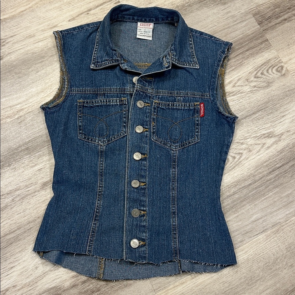 Vintage 90s BONGO Denim Corset Style Vest Button Front Raw Hem Sleeveless Blouse - Picture 2 of 10